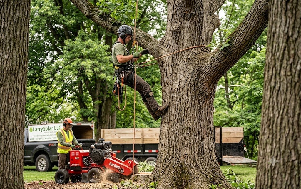 Professional tree climber working high up in a tree